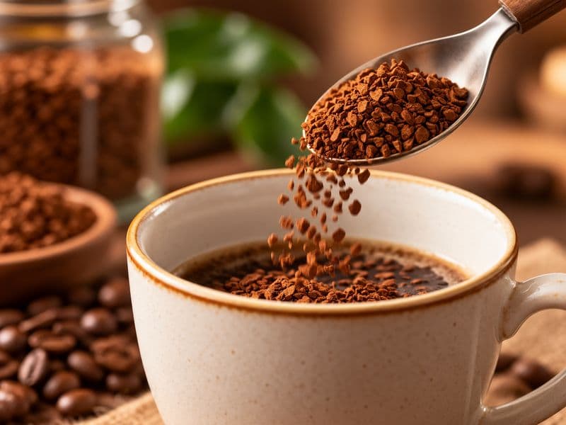 A spoonful of Ruach instant coffee being added to a cup