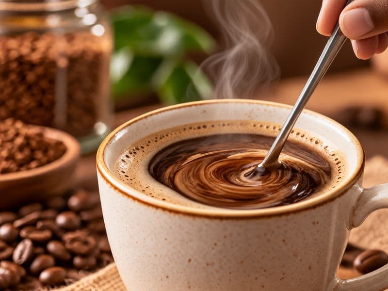 Coffee being stirred with a spoon