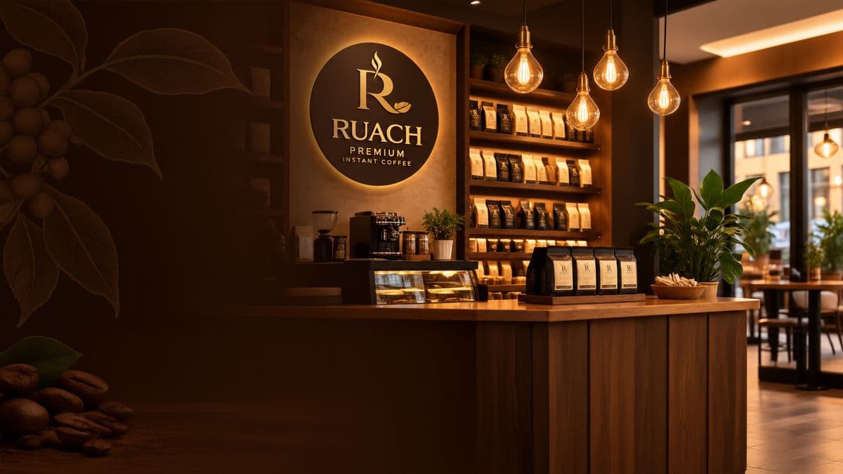 A warmly lit coffee counter with a Ruach sign and shelves of coffee