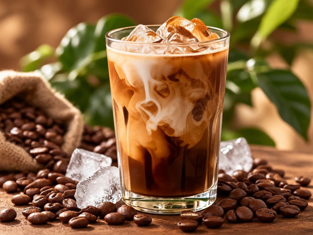 A tall glass of iced coffee with milk, ice cubes and coffee beans