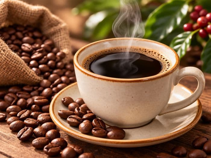 A steaming cup of black coffee with coffee beans