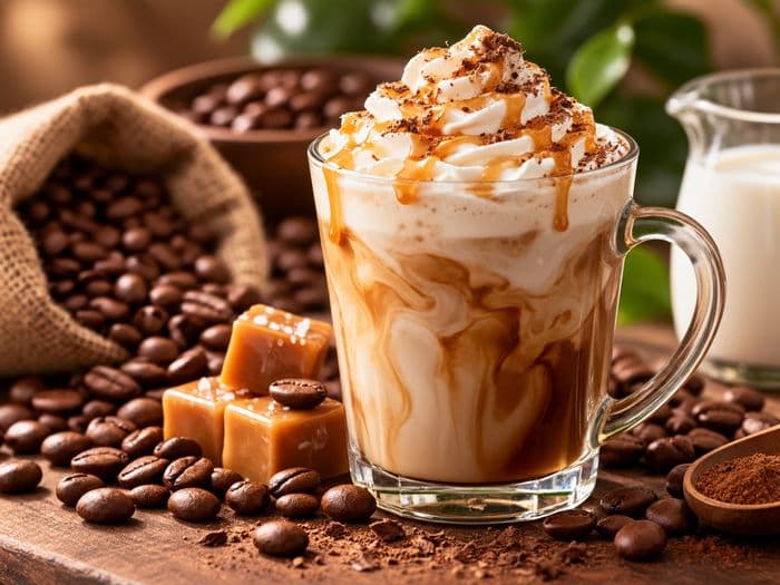 A sweet creamy coffee topped with cream and caramel