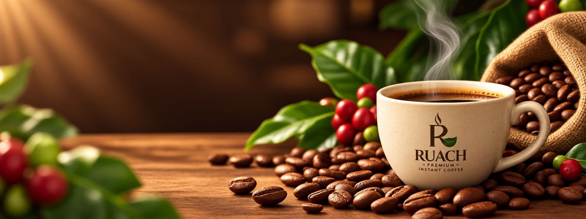A Ruach cup of coffee with coffee beans, cherries and leaves